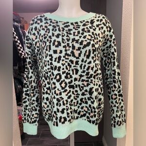 PINK Blue & Leopard Print Knit Sweater